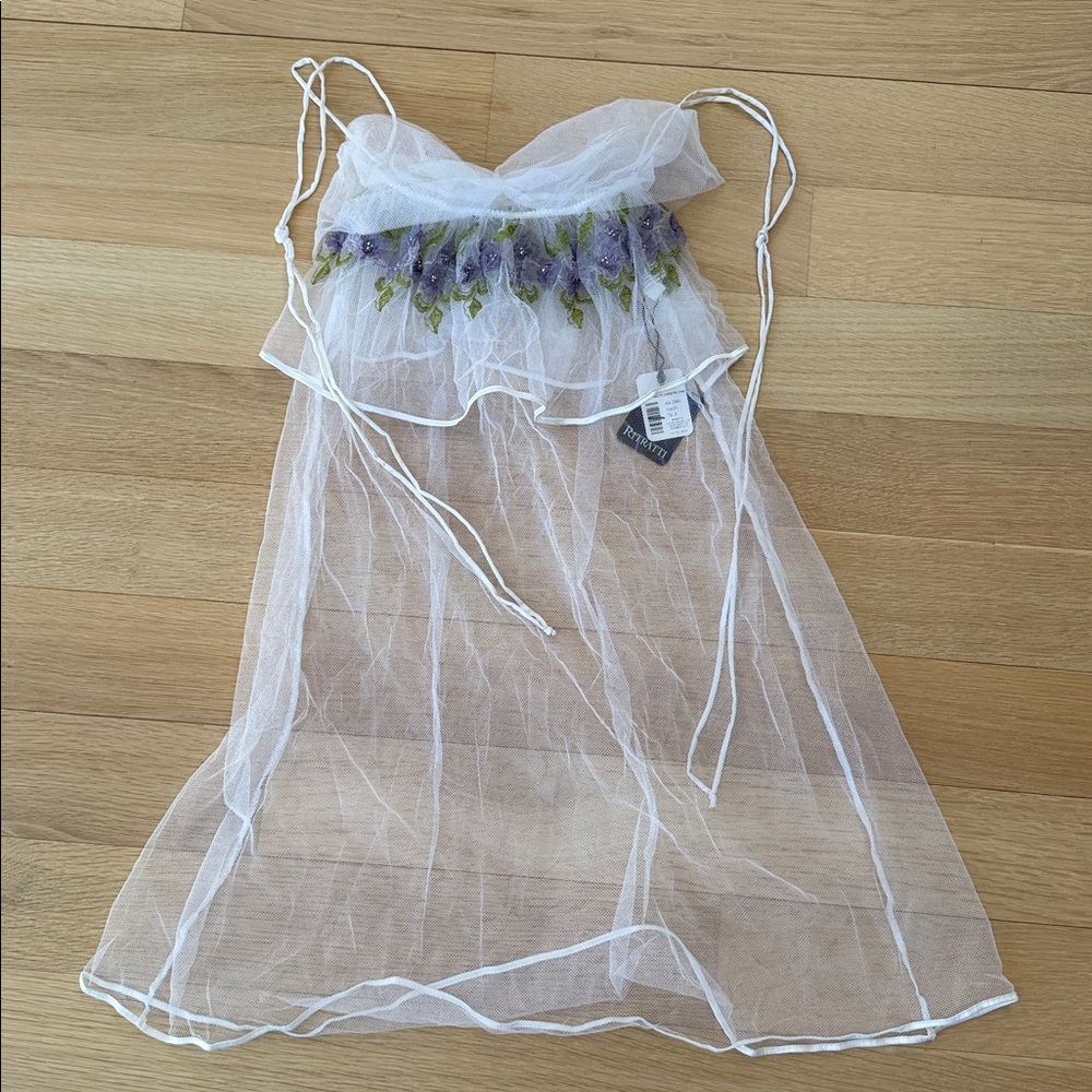 ❤NWT Ritratti White Sheer Nightgown Babydoll Lingerie Purple Floral Embroidery 2